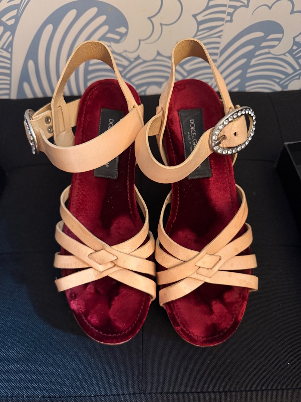 Dolce & Gabbana Nude Leather Strappy Sandals with Burgundy Velvet Insole